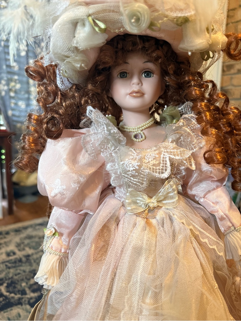 Duck House Heirloom Porcelain Doll in Victorian Pink Lace Dress - 18 in tall